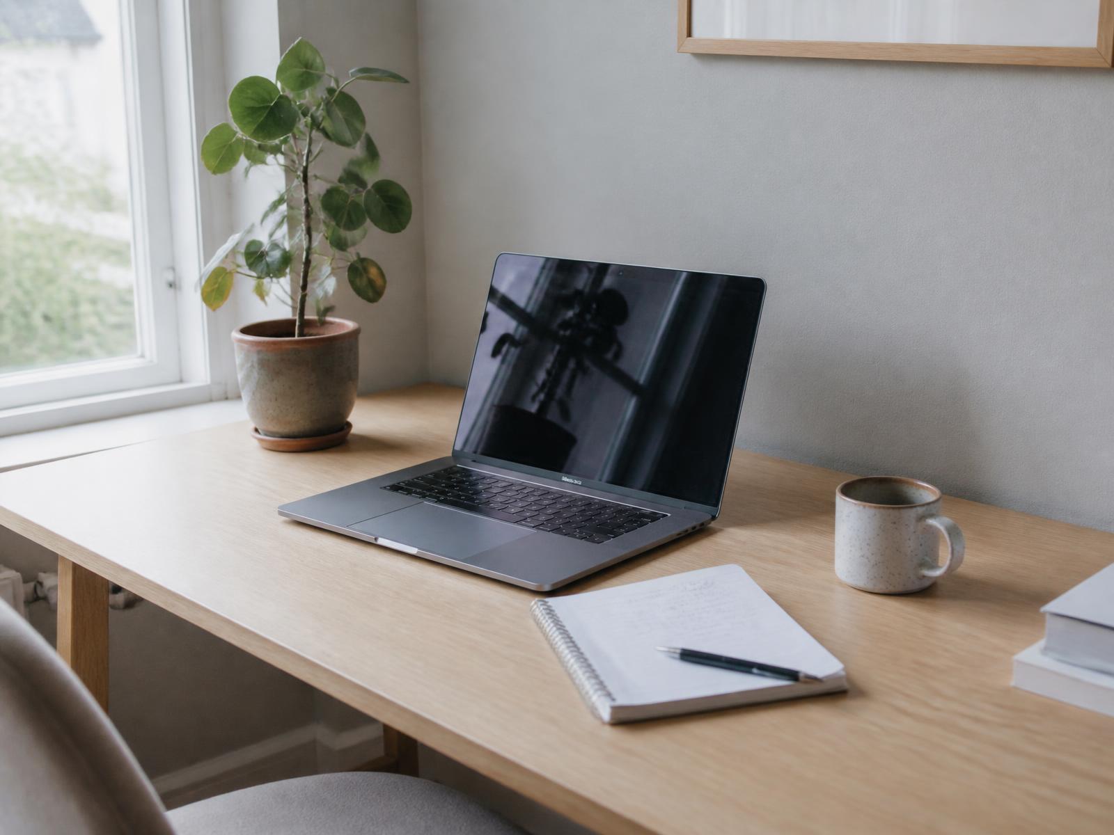Heller Arbeitsplatz am Fenster mit Laptop, Notizbuch und Kaffeetasse